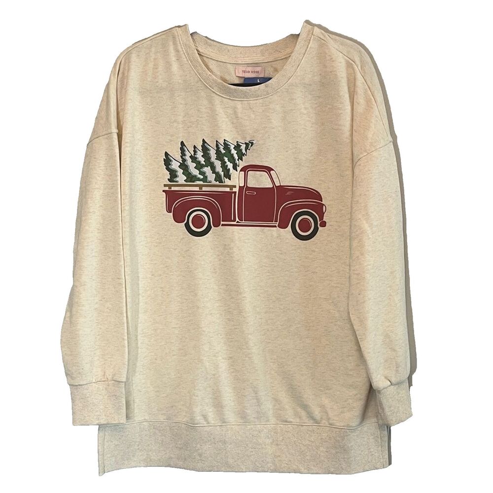NWT Women’s Cream Long Sleeve Shirt with Red Truck and Christmas Tree Size L